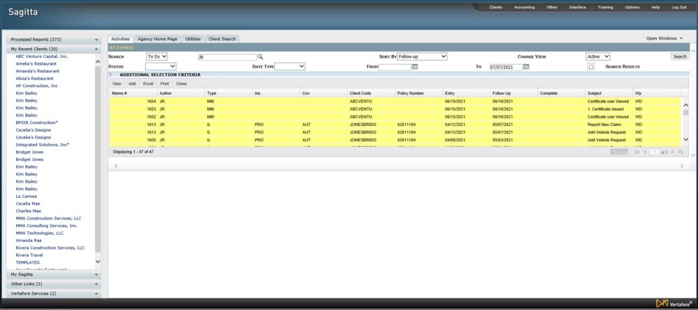 sagitta insurance software dashboard